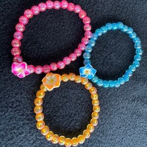 Handmade Pink Orange Blue Glass Bead Hibiscus Floral 3 Bracelets Set